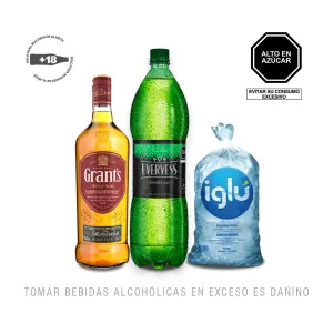 Pack (Whisky Grants Triple Wood S/ Estuche X 1 Lt + Bebida Carbonatada Evervess X 1.5 Lt + Hielo Iglu Bolsa X 1.5 Kg)