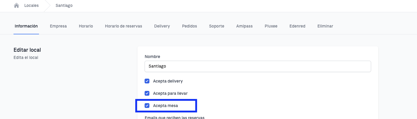 Activar aceptación de mesa