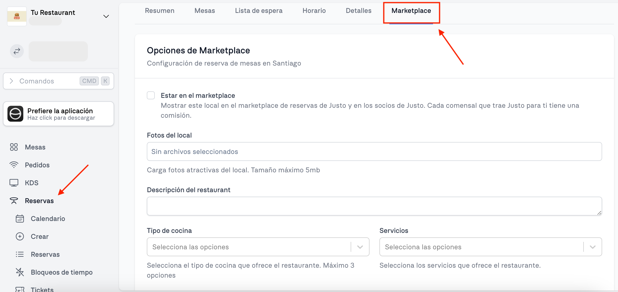 Pantalla de Marketplace