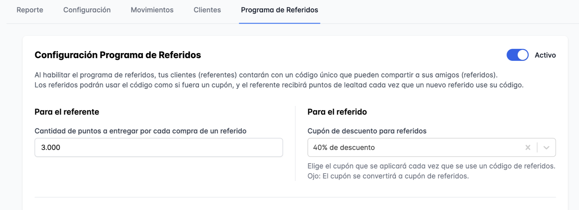 Configuración de puntos