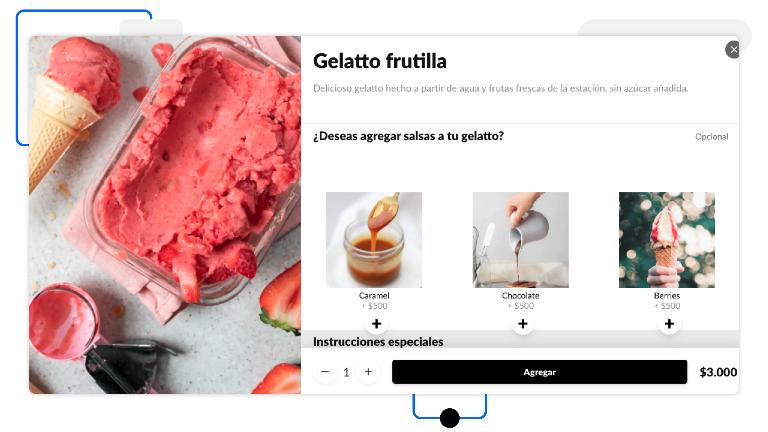 Pantalla de selección de producto con sus modificadores presentados con imágenes