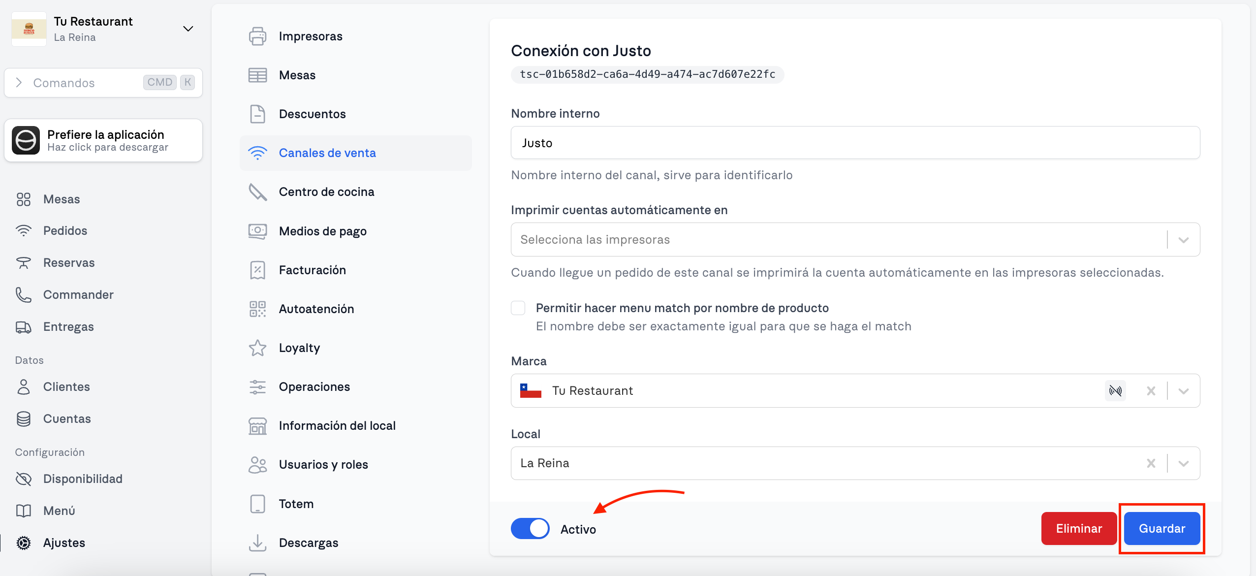 Pantalla de activación del canal